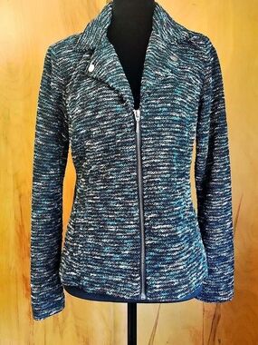 Christopher & Banks Teal and Black Knit Zip Moto Jacket